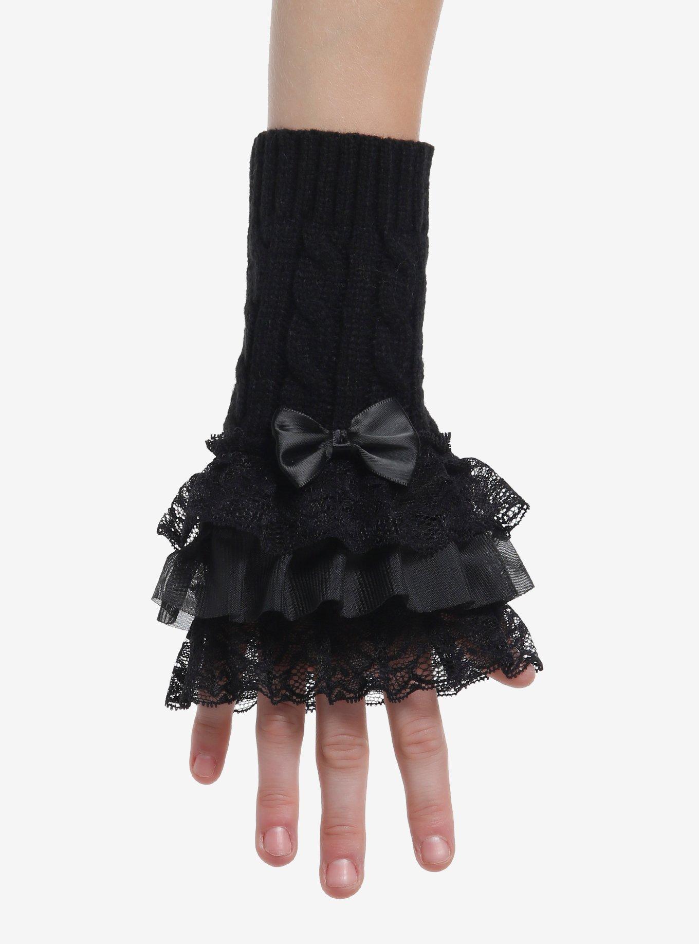Black Lace Lolita Bow Short Arm Warmers, , hi-res
