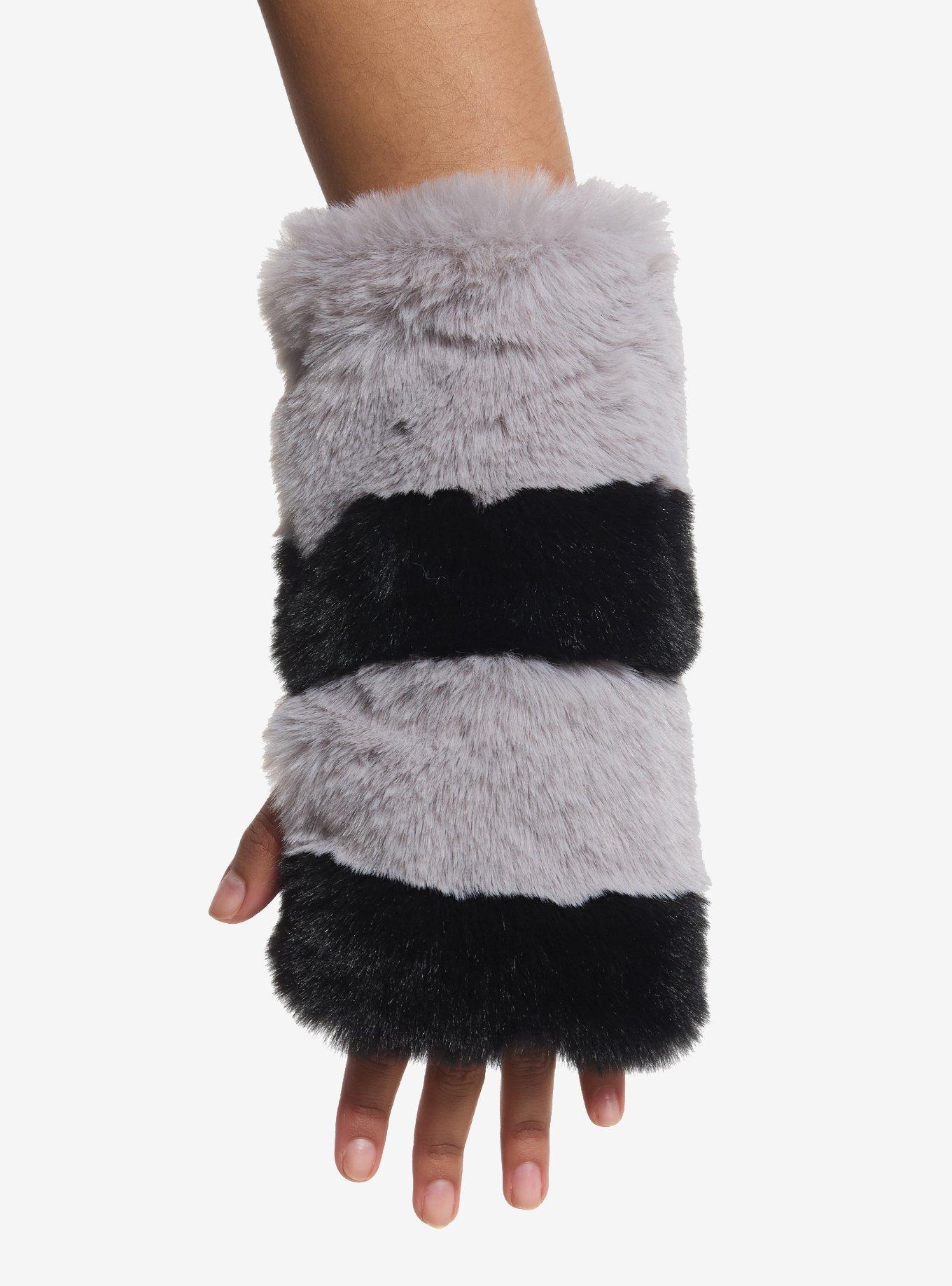 Black & Grey Stripe Fuzzy Fingerless Gloves, , hi-res