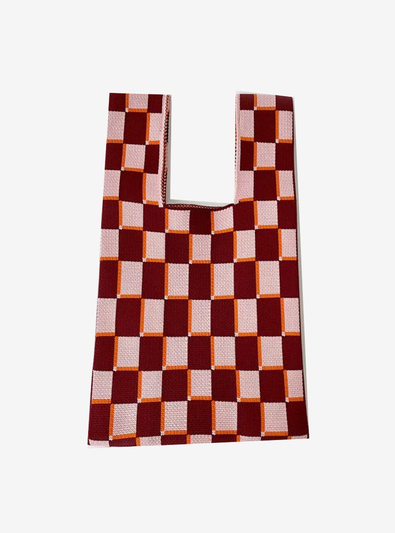 Maroon & Pink Checkered Knit Tote Bag, , hi-res