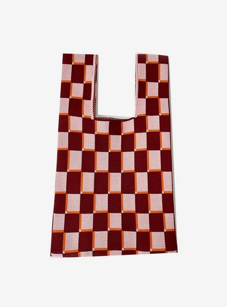 Maroon & Pink Checker Knit Tote Bag | Hot Topic