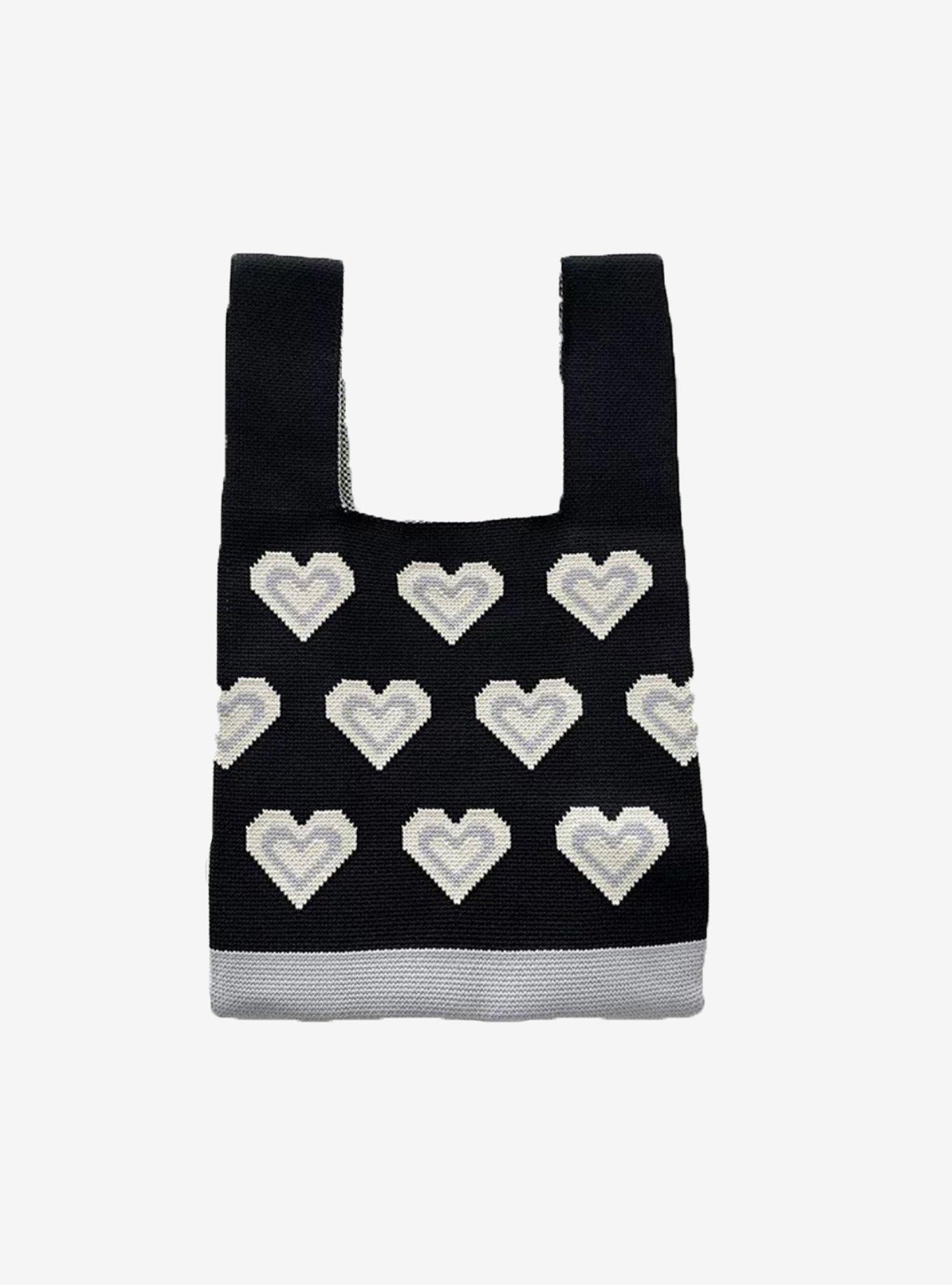 Black & White Heart Knit Tote Bag, , hi-res
