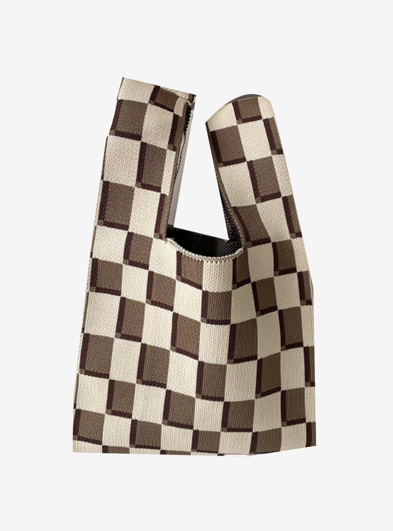 Brown & Cream Checkered Knit Tote Bag, , hi-res