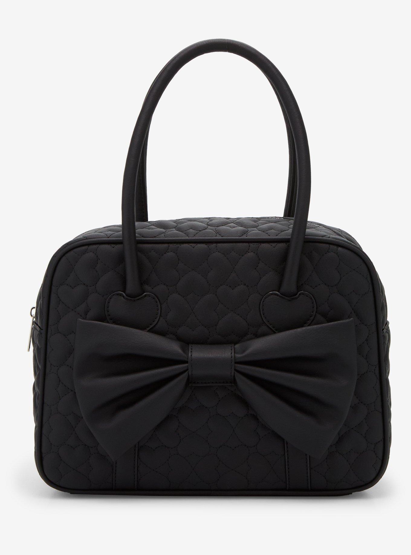 Black Bow Heart Quilted Satchel Bag, , hi-res