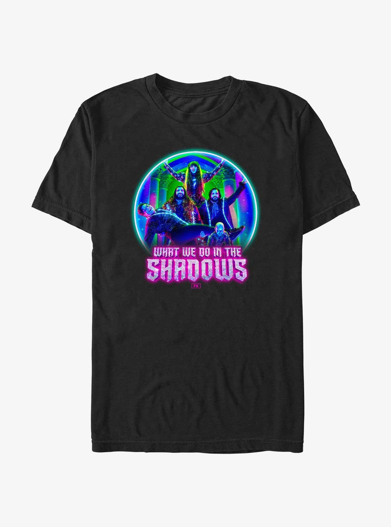 What We Do In The Shadows Neon Group Lockup T-Shirt, BLACK, hi-res
