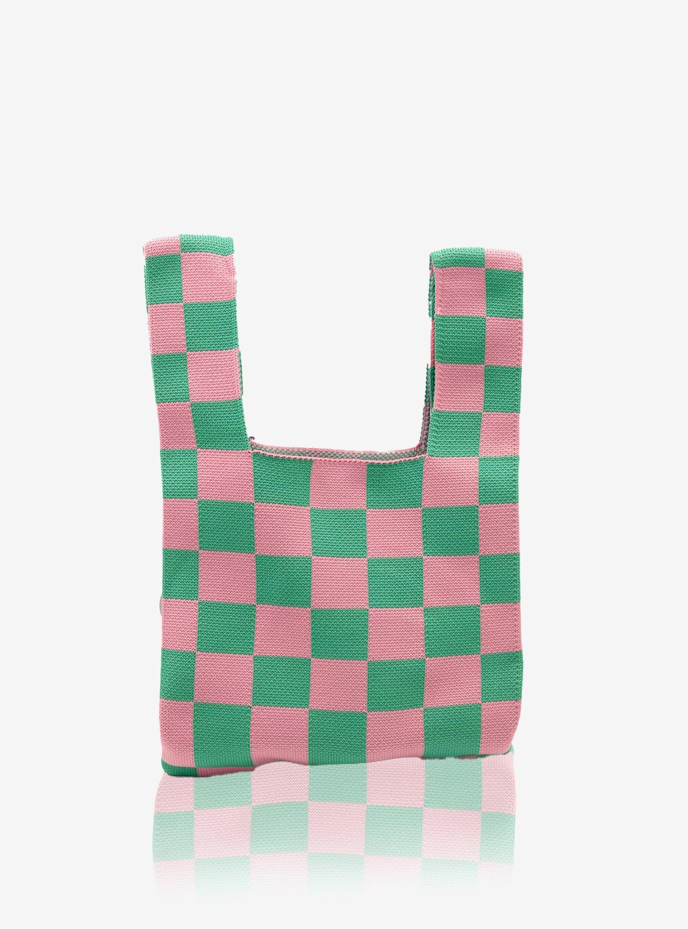 Pink & Green Checkered Knit Tote Bag, , hi-res
