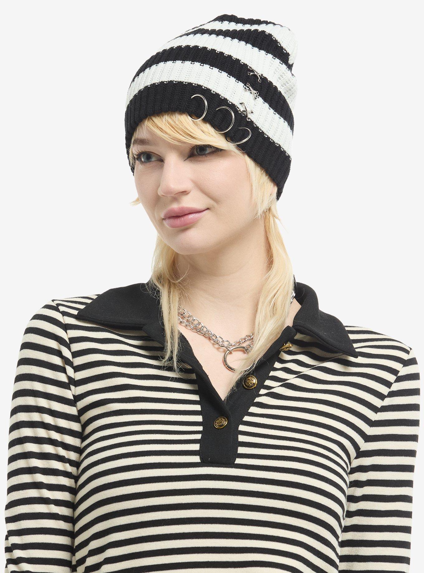 Black & White Hardware Knit Beanie, , hi-res