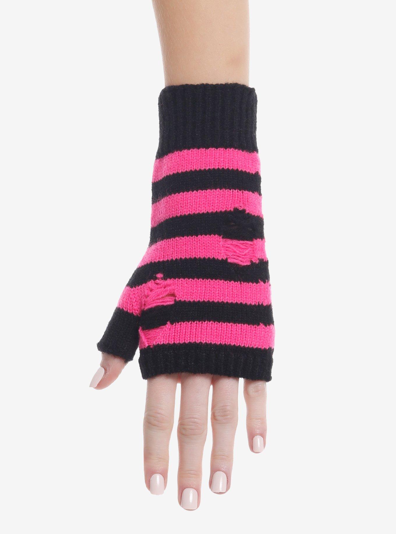 Black & Pink Stripe Destructed Fingerless Gloves, , hi-res