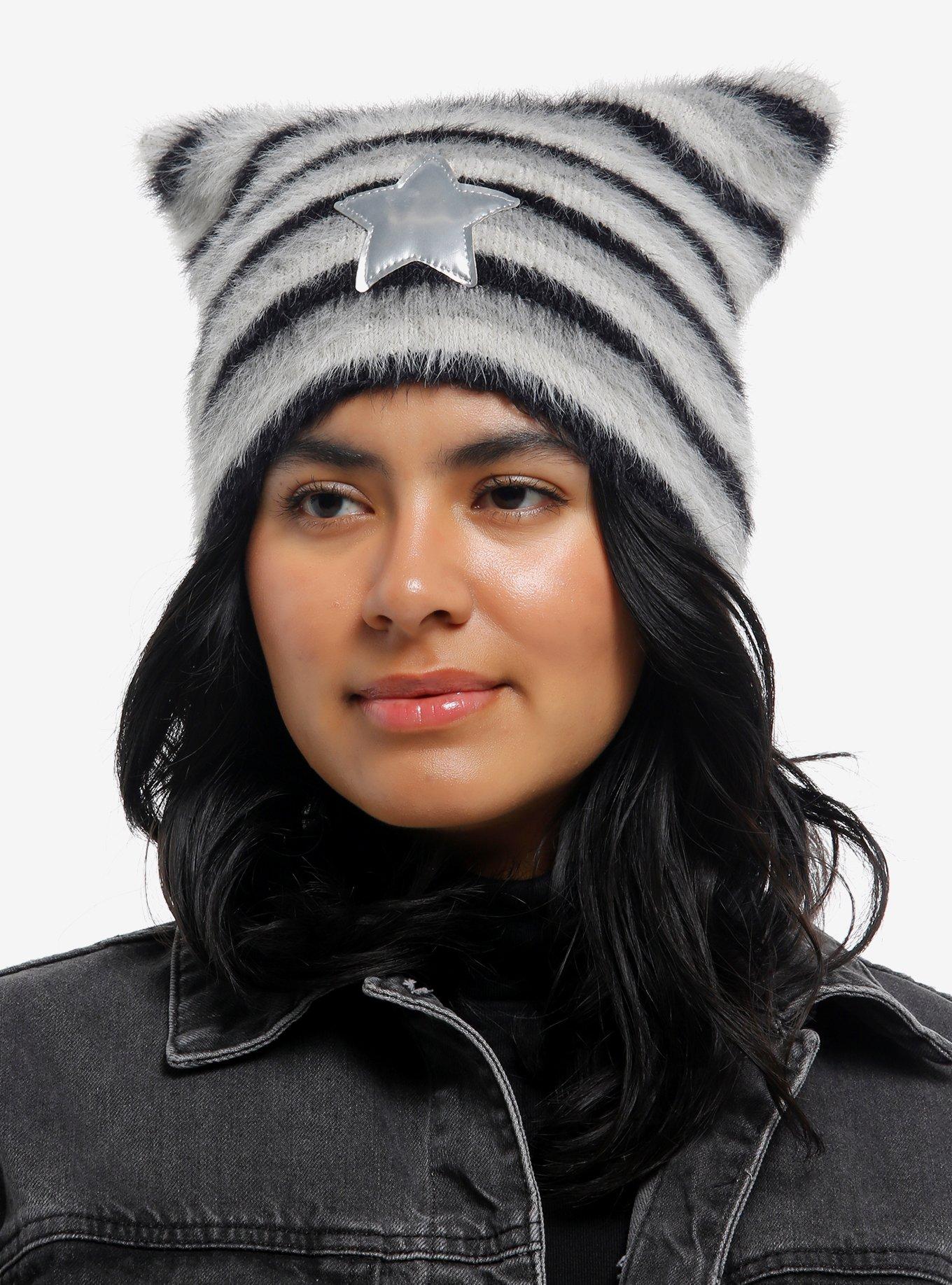 Black & Grey Stripe Star Subtle Ear Beanie, , hi-res