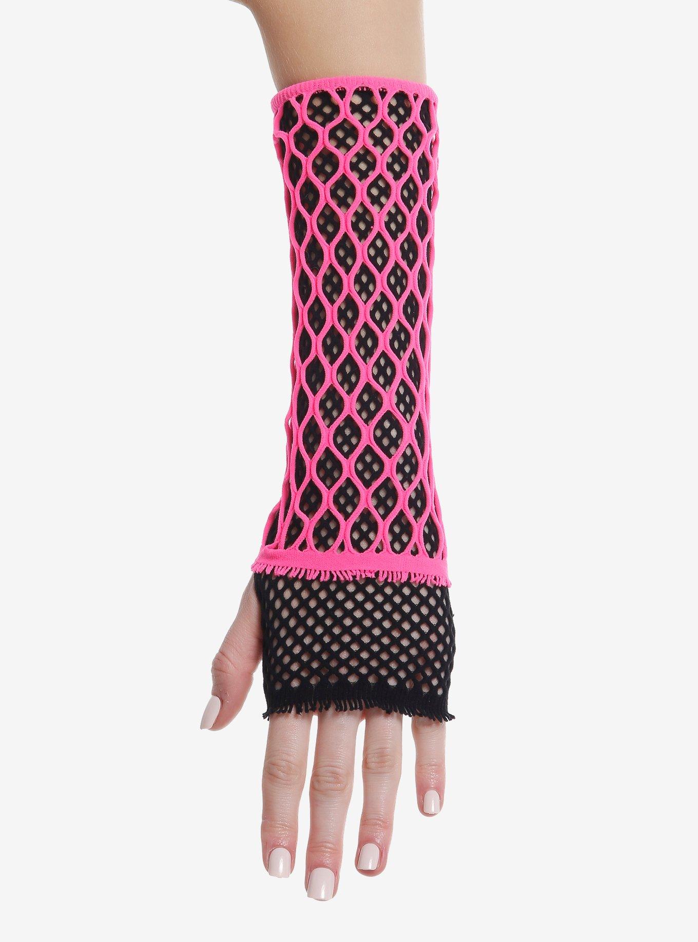 Pink & Black Layered Fishnet Arm Warmers, , hi-res