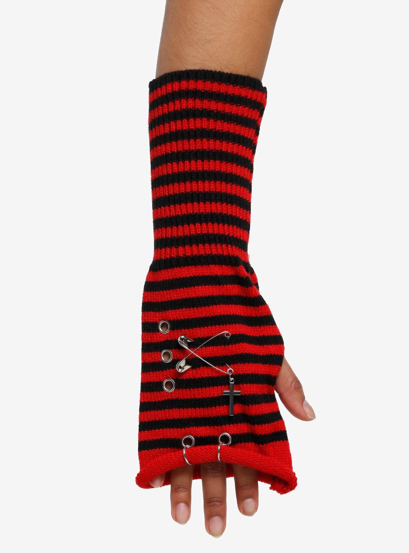 Red & Black Stripe Pierced Arm Warmers, , hi-res