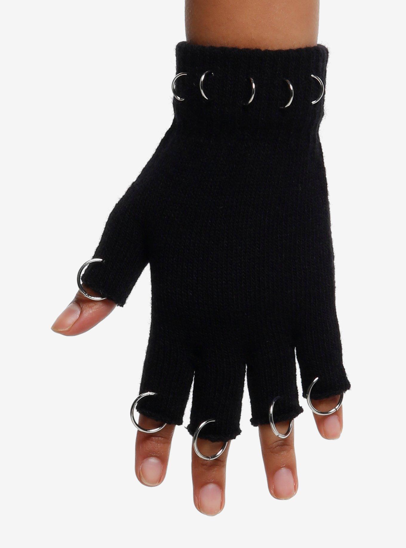 Black O-Ring Pierced Fingerless Gloves, , hi-res