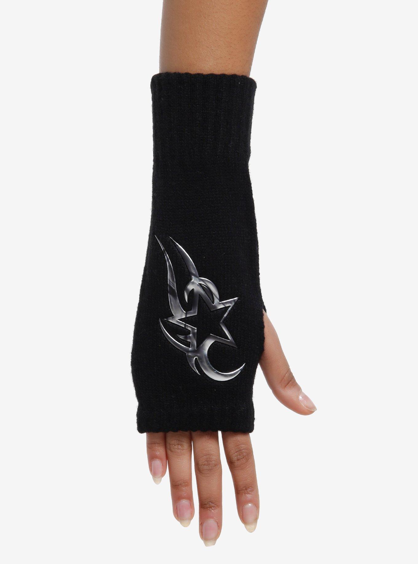 Black Silver Metallic Star Fingerless Gloves, , hi-res