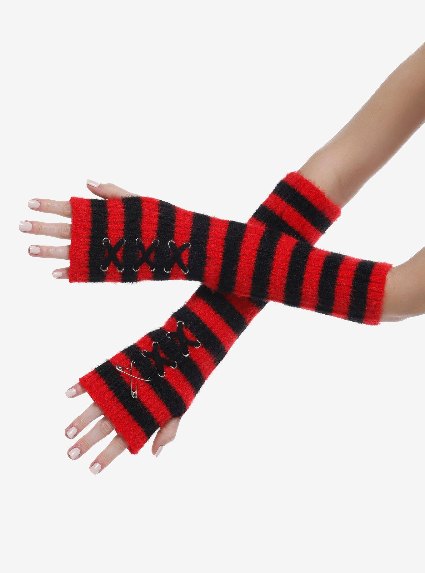 Red & Black Stripe Lace-Up Arm Warmers, , hi-res