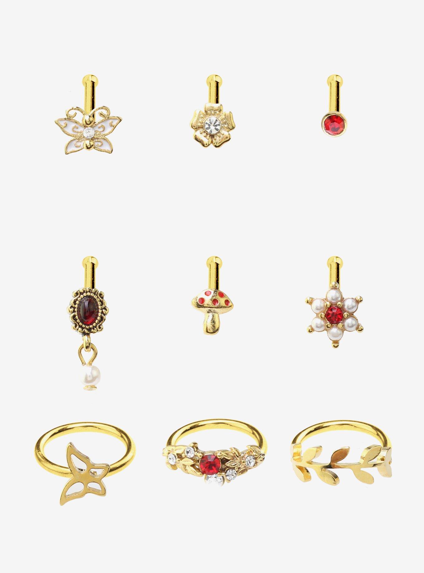 Steel Red Cottagecore Nose Stud & Hoop 9 Pack, , hi-res