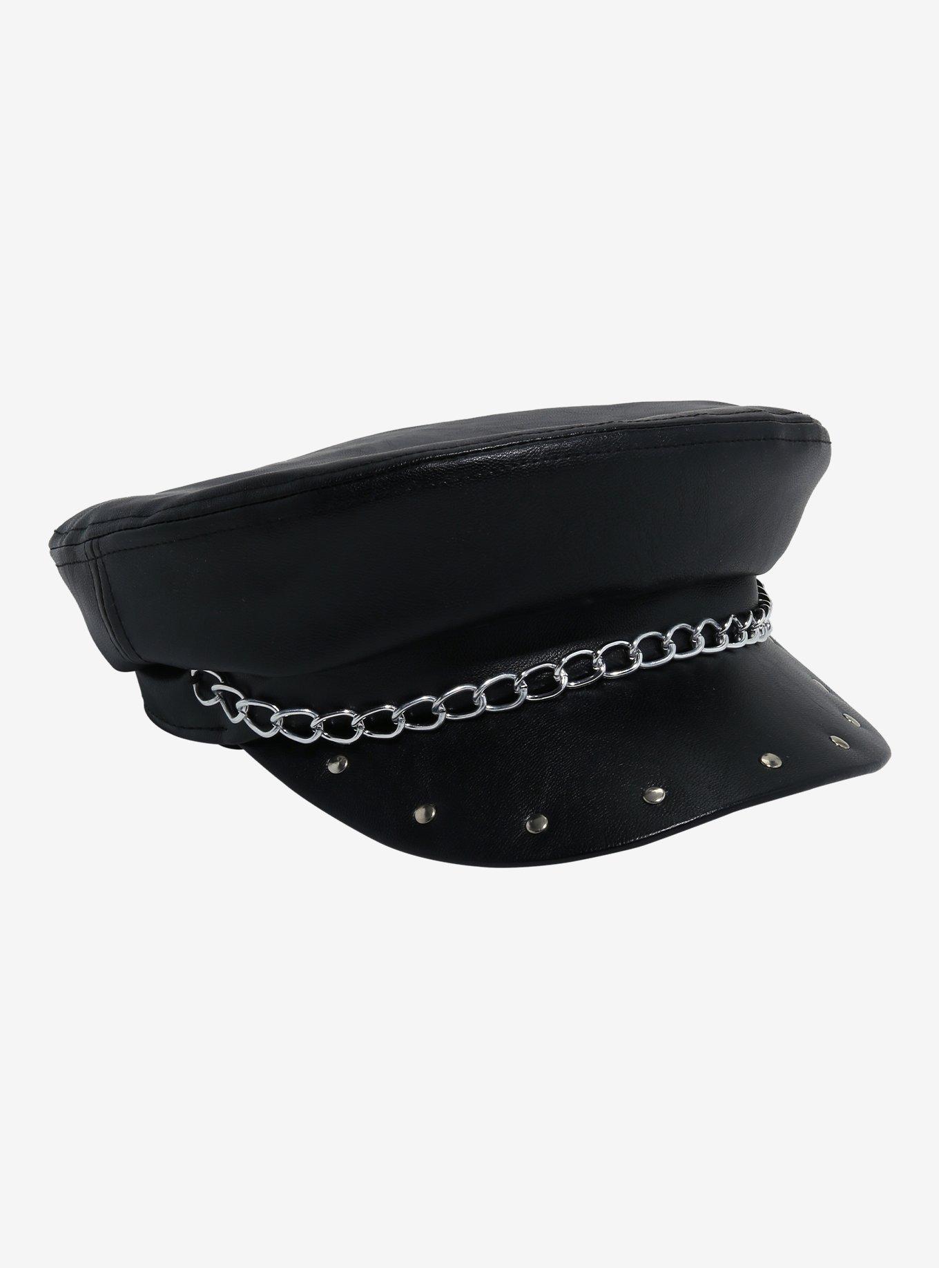 Black Faux Leather Beret with Chain Accent SEDUCER BLACK LEATHER BERET – THE CAST main image 3