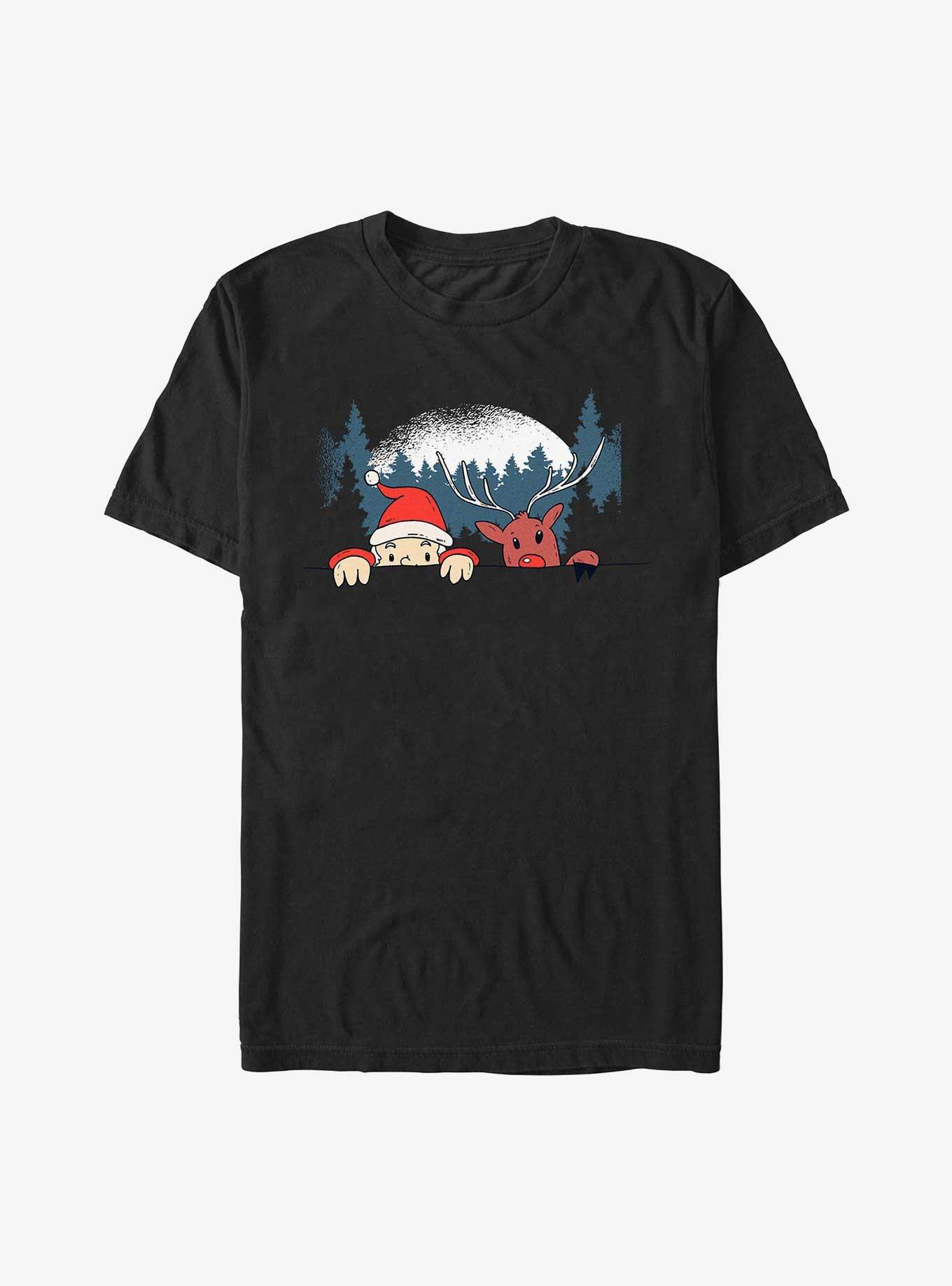 Santa And Rudolph Peek-A-Boo Christmas T-Shirt, BLACK, hi-res