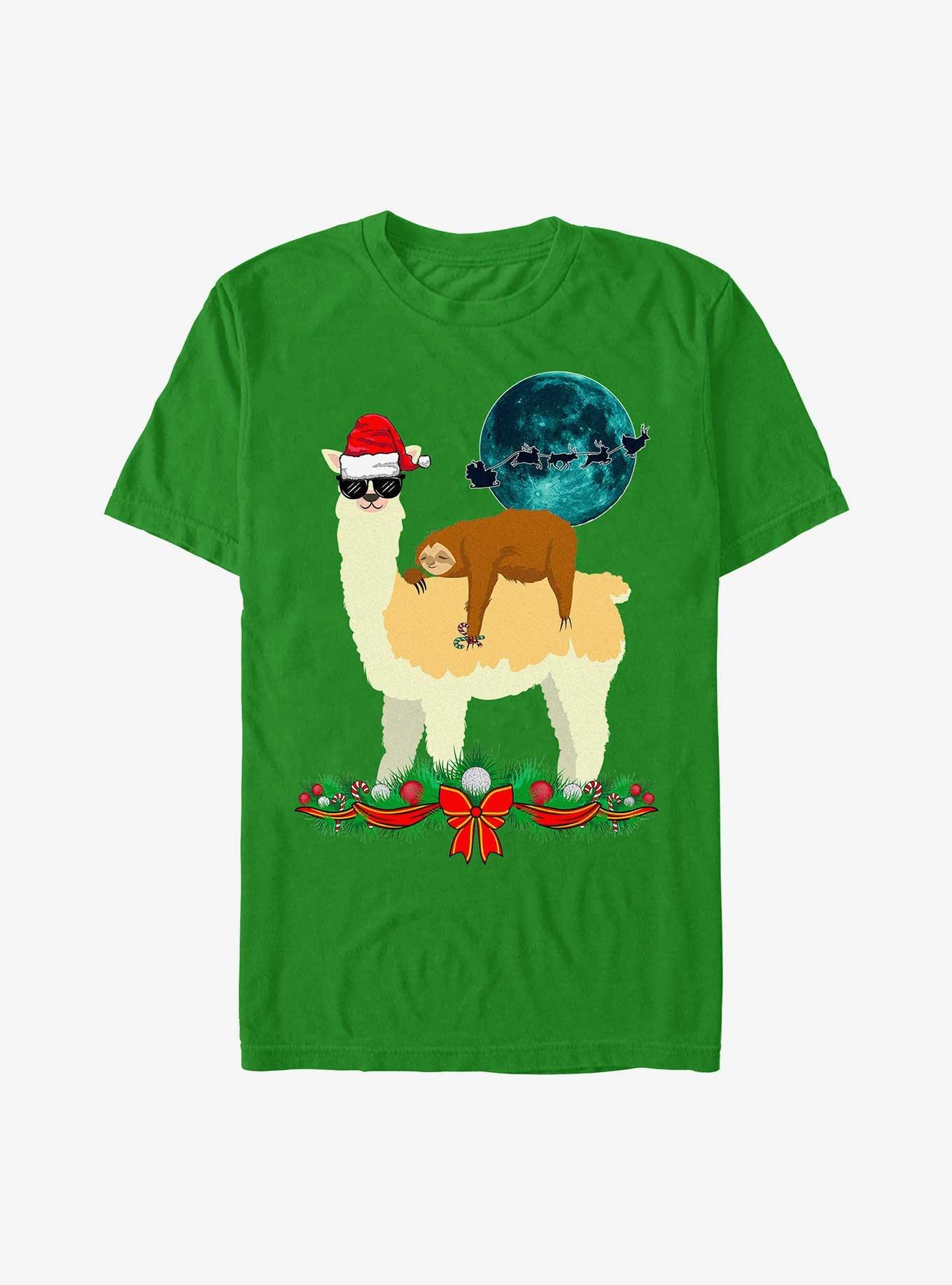 Llama And Sleeping Sloth Christmas T-Shirt, KELLY, hi-res