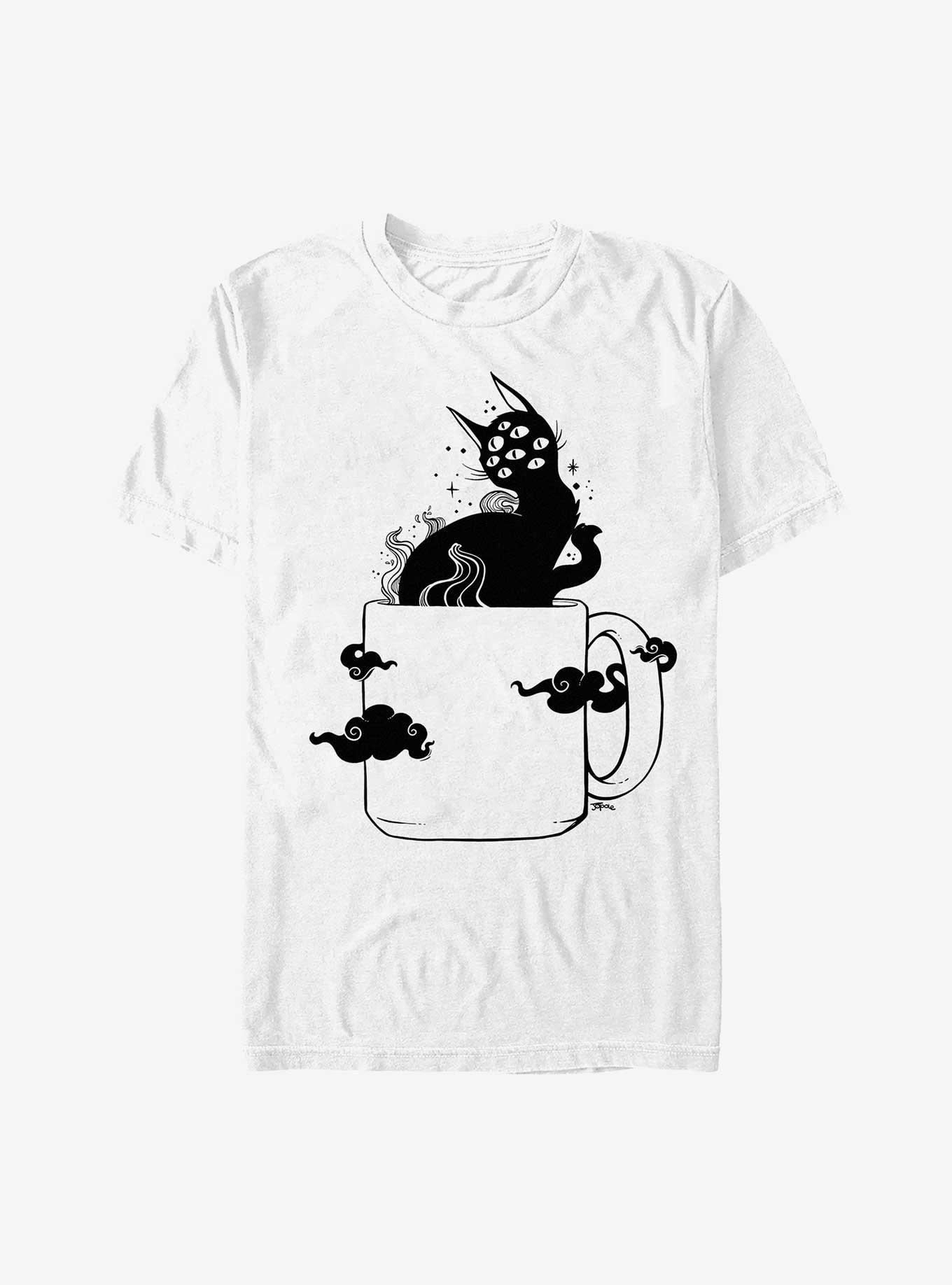 Many Eyed Cat In Coffee Cup With Magic Clouds T-Shirt, WHITE, hi-res