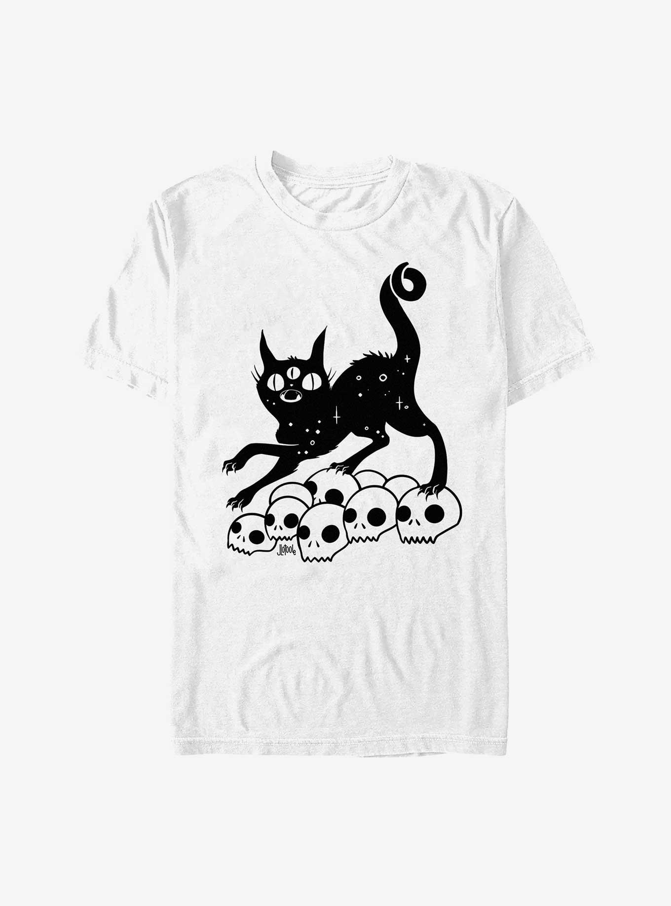 Black Cat On A Pile Of Skulls T-Shirt, WHITE, hi-res