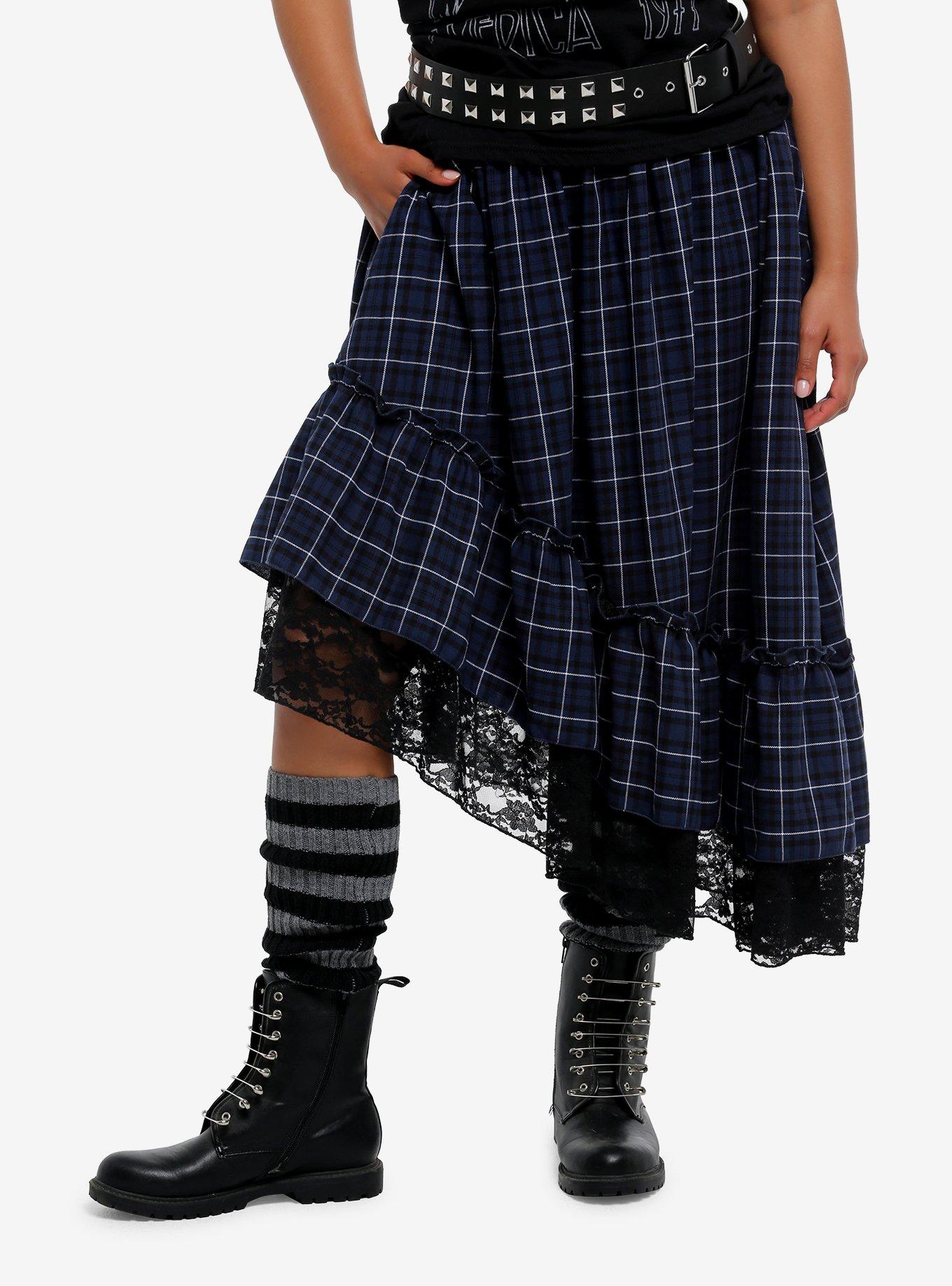 Social Collision Blue Plaid Asymmetrical Midi Skirt, , hi-res