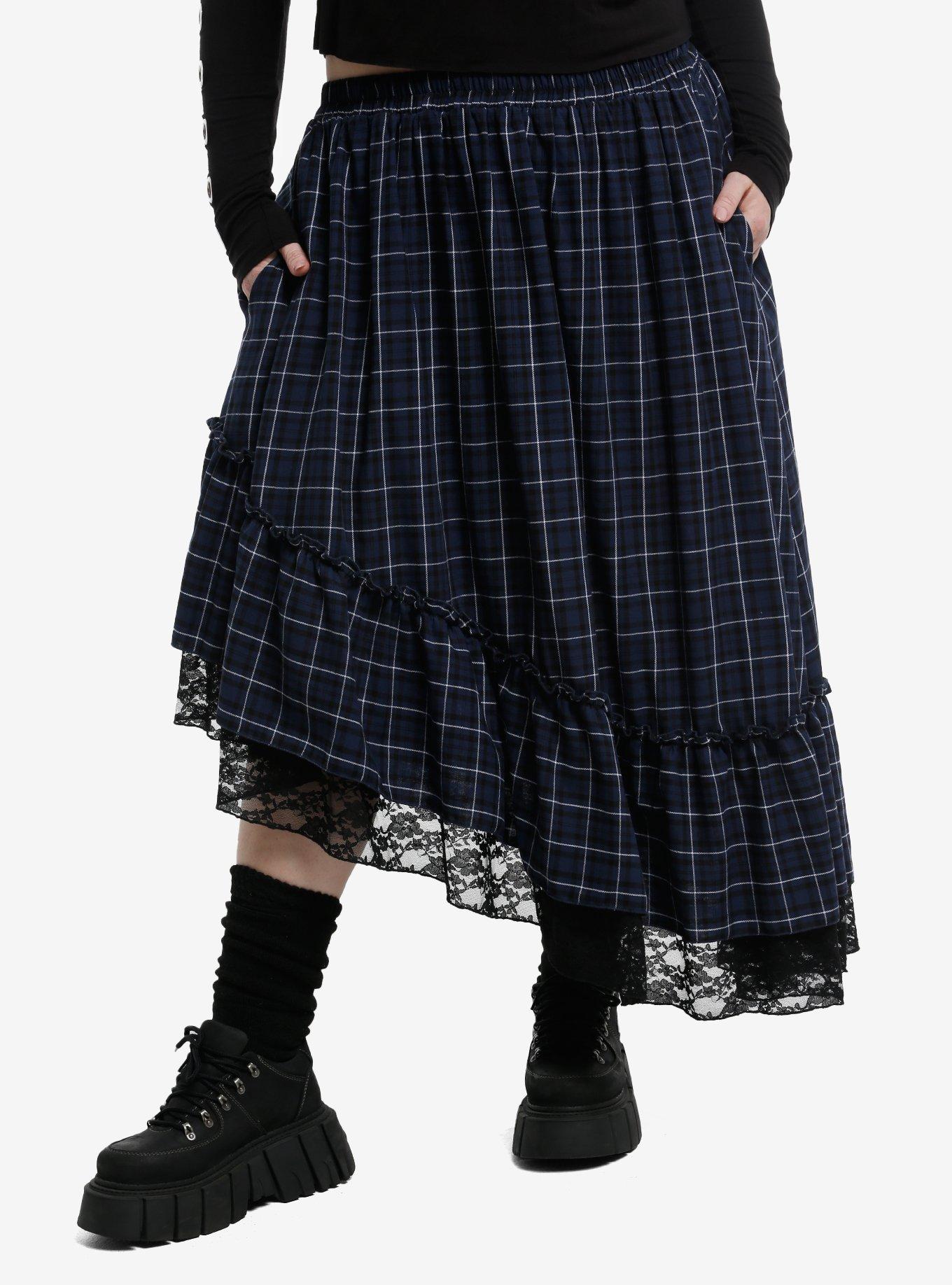 Social Collision Blue Plaid Asymmetrical Midi Skirt Plus Size, , hi-res