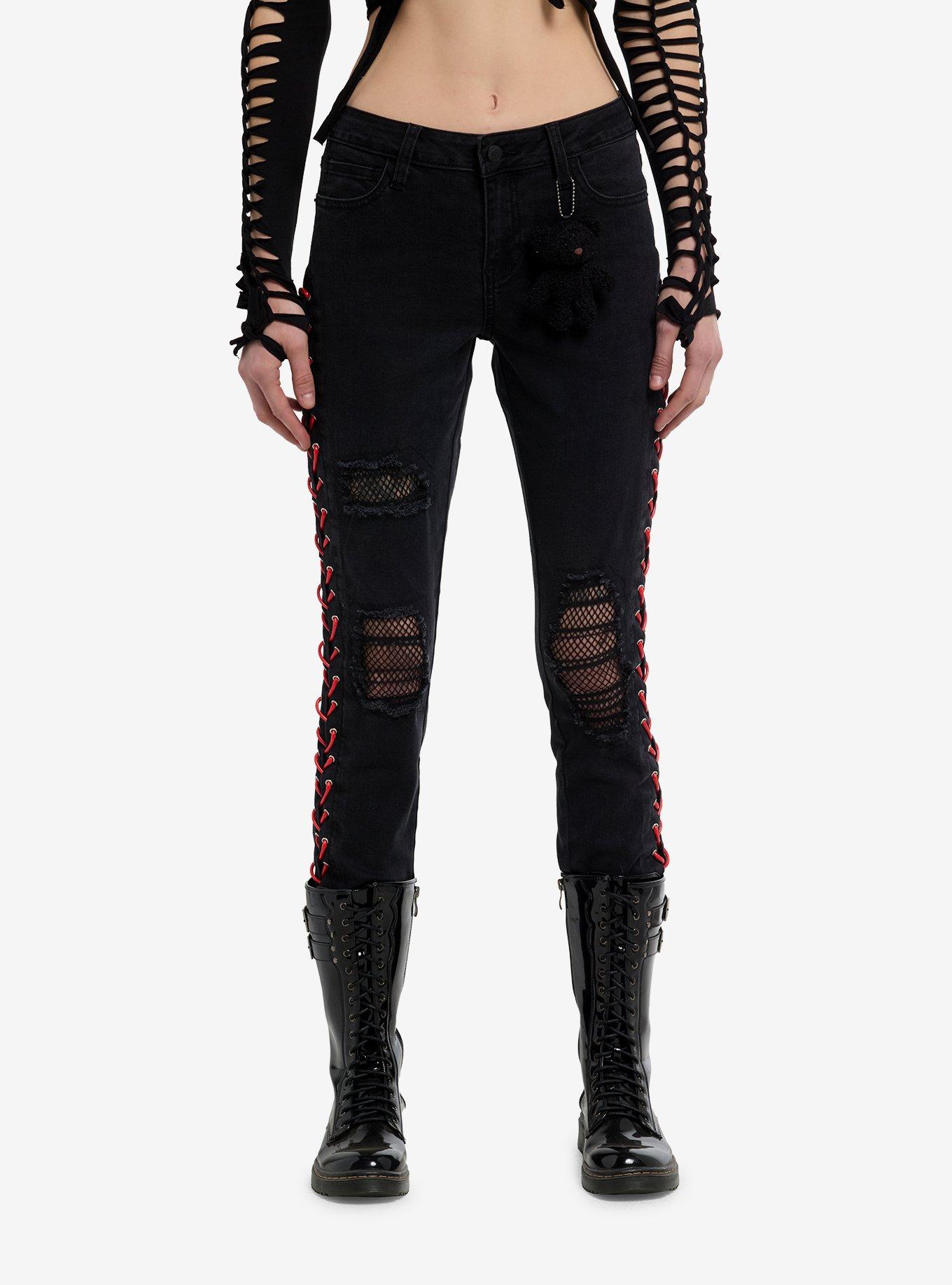 Black & Red Lace-Up Mesh Destructed Skinny Jeans, , hi-res