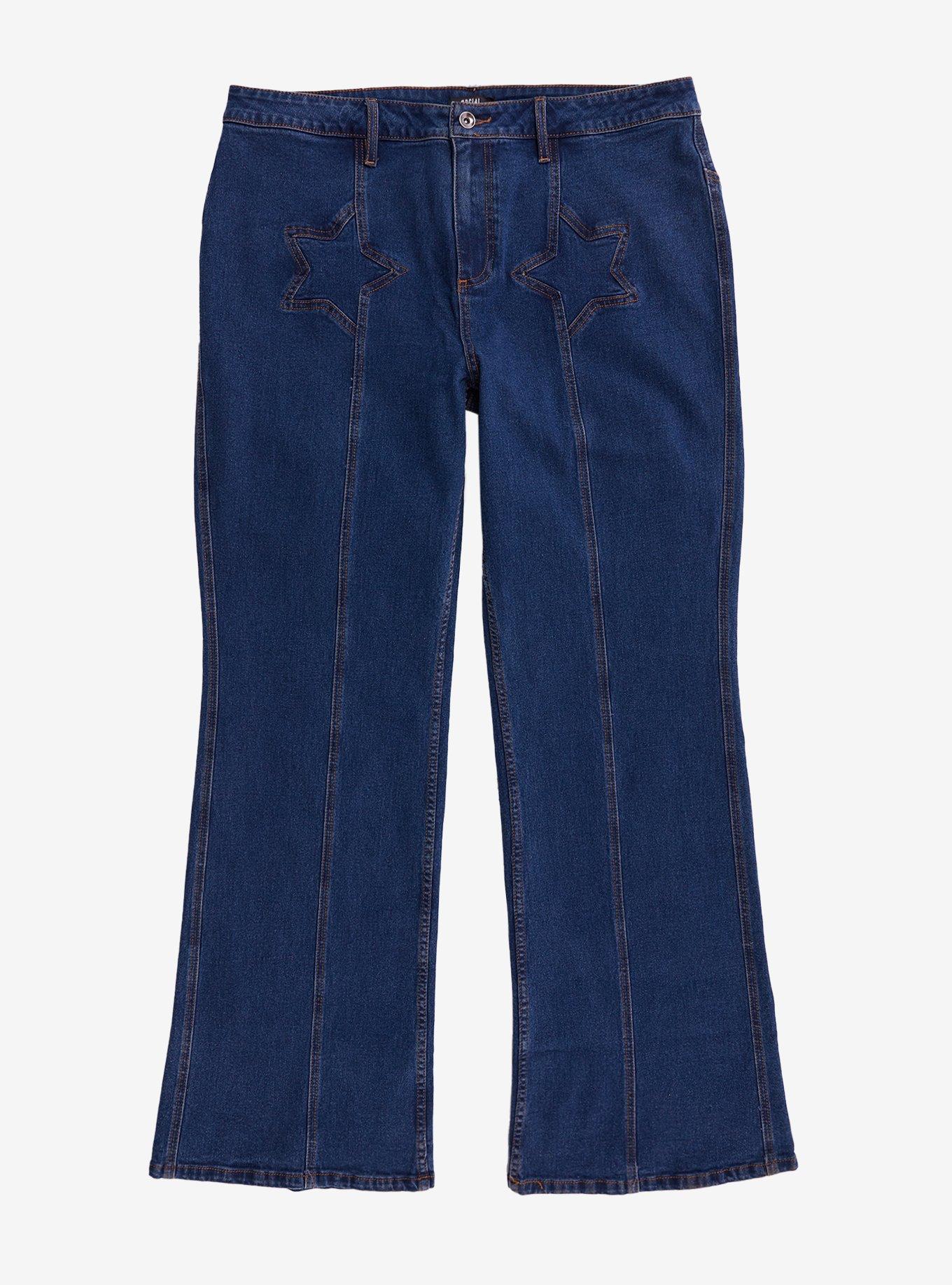 Social Collision Stars Indigo Flare Jeans Plus Size, , hi-res