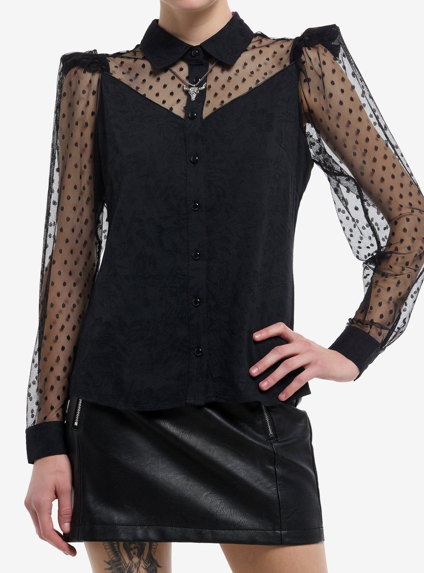 Social Collision Black Polka Dot Mesh Girls Woven Button-Up, , hi-res