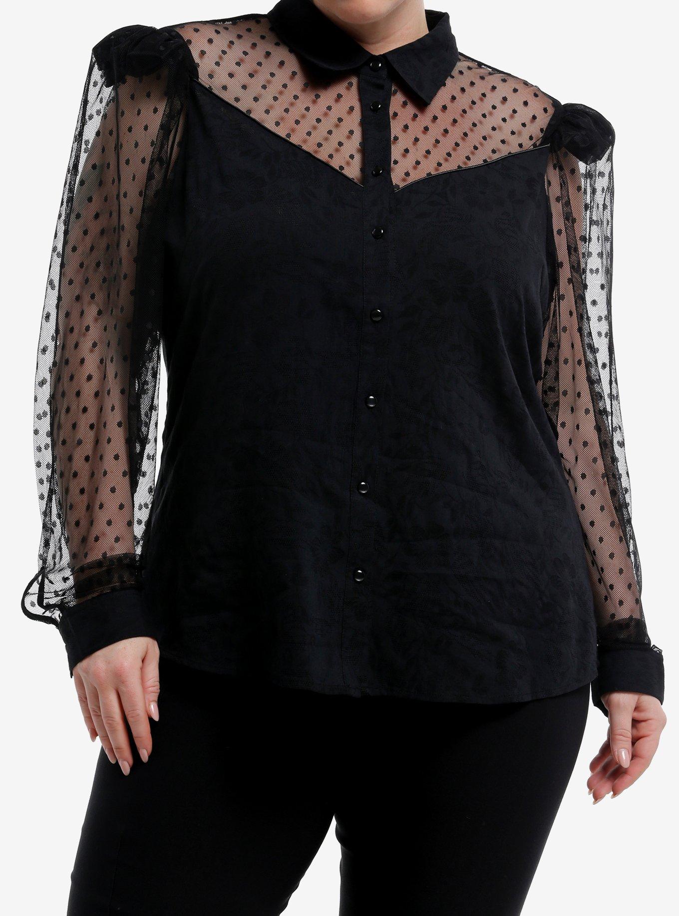 Social Collision Black Polka Dot Mesh Girls Woven Button-Up Plus Size, , hi-res