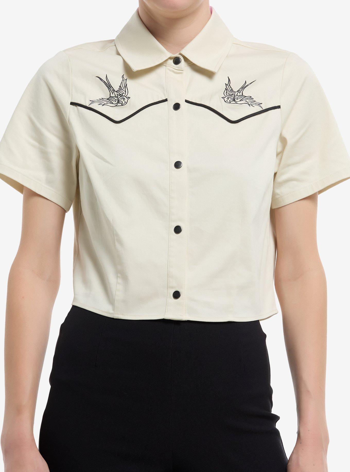Social Collision Western Swallow Bird Girls Crop Woven Button-Up, , hi-res