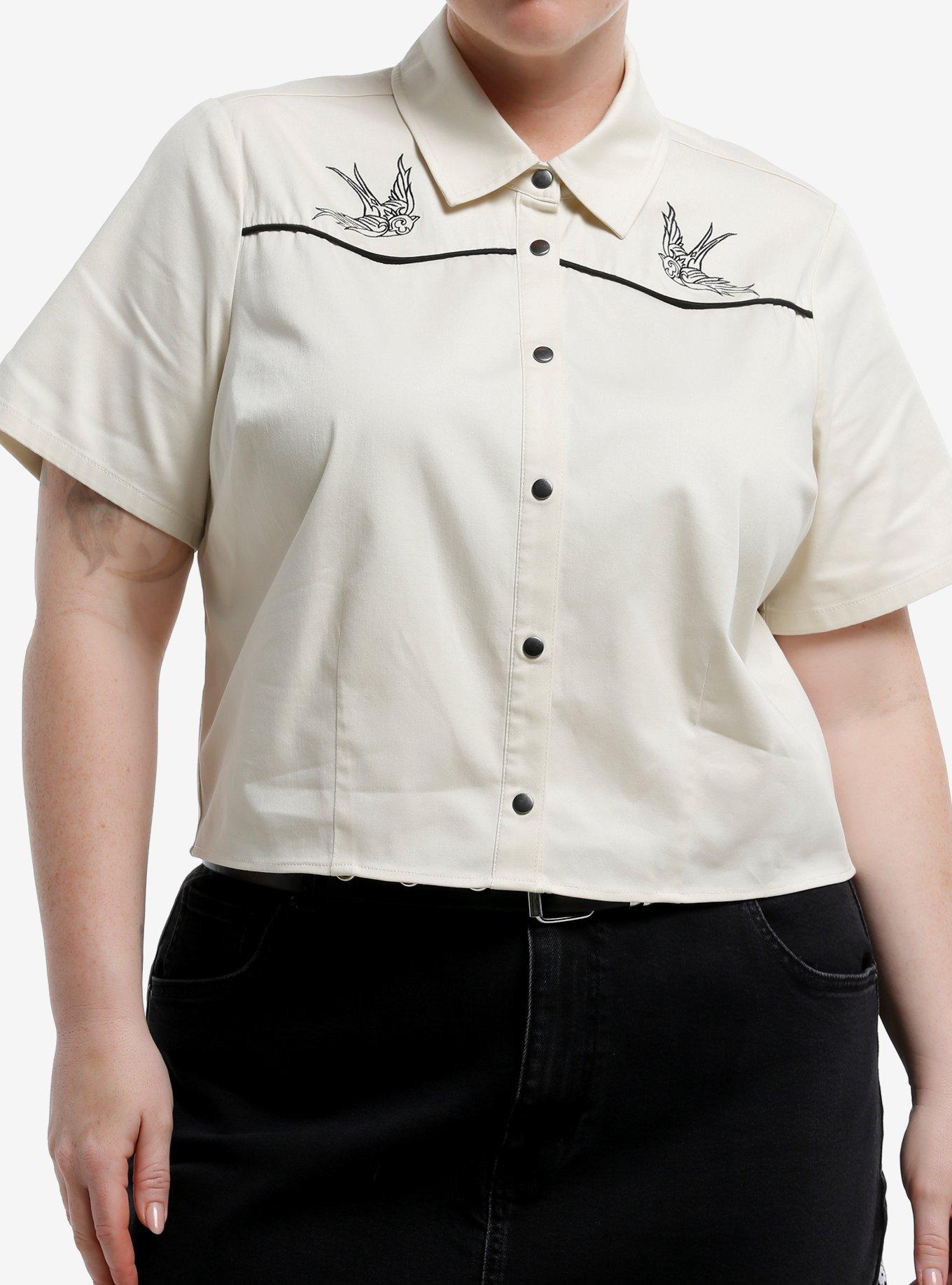 Social Collision Western Swallow Bird Girls Crop Woven Button-Up Plus Size, , hi-res