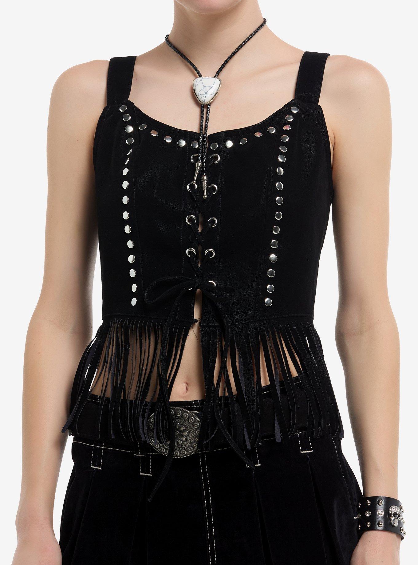 Social Collision Faux Suede Fringe Lace-Up Girls Crop Tank Top, , hi-res