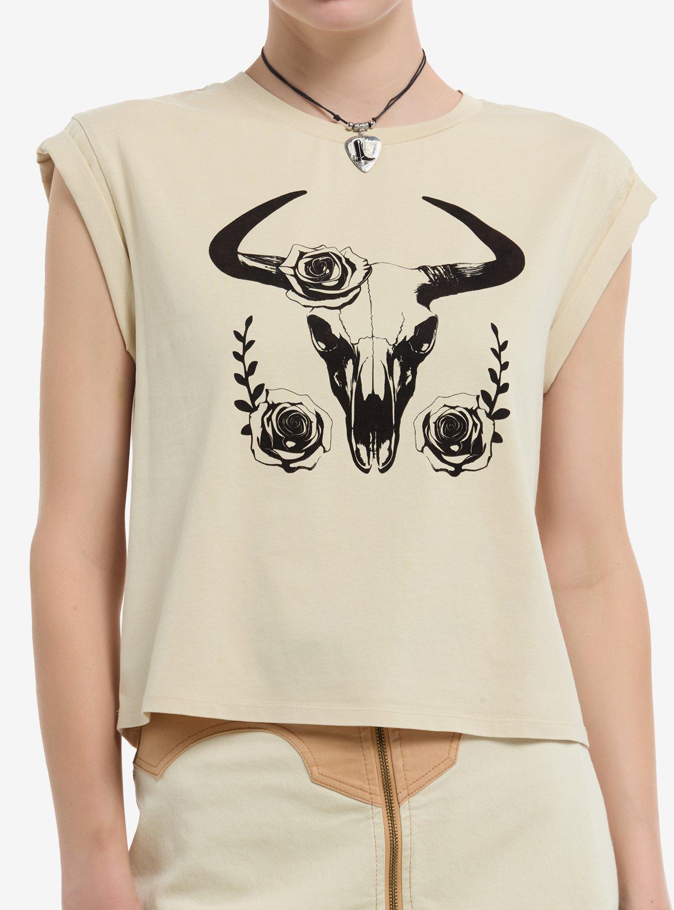 Social Collision Bull Skull Khaki Girls Crop Top, , hi-res