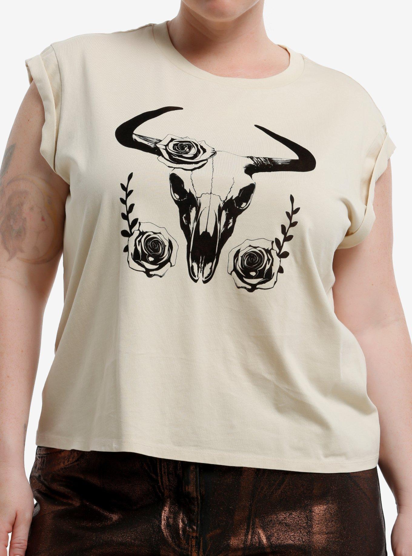 Social Collision Bull Skull Khaki Girls Crop Top Plus Size, , hi-res