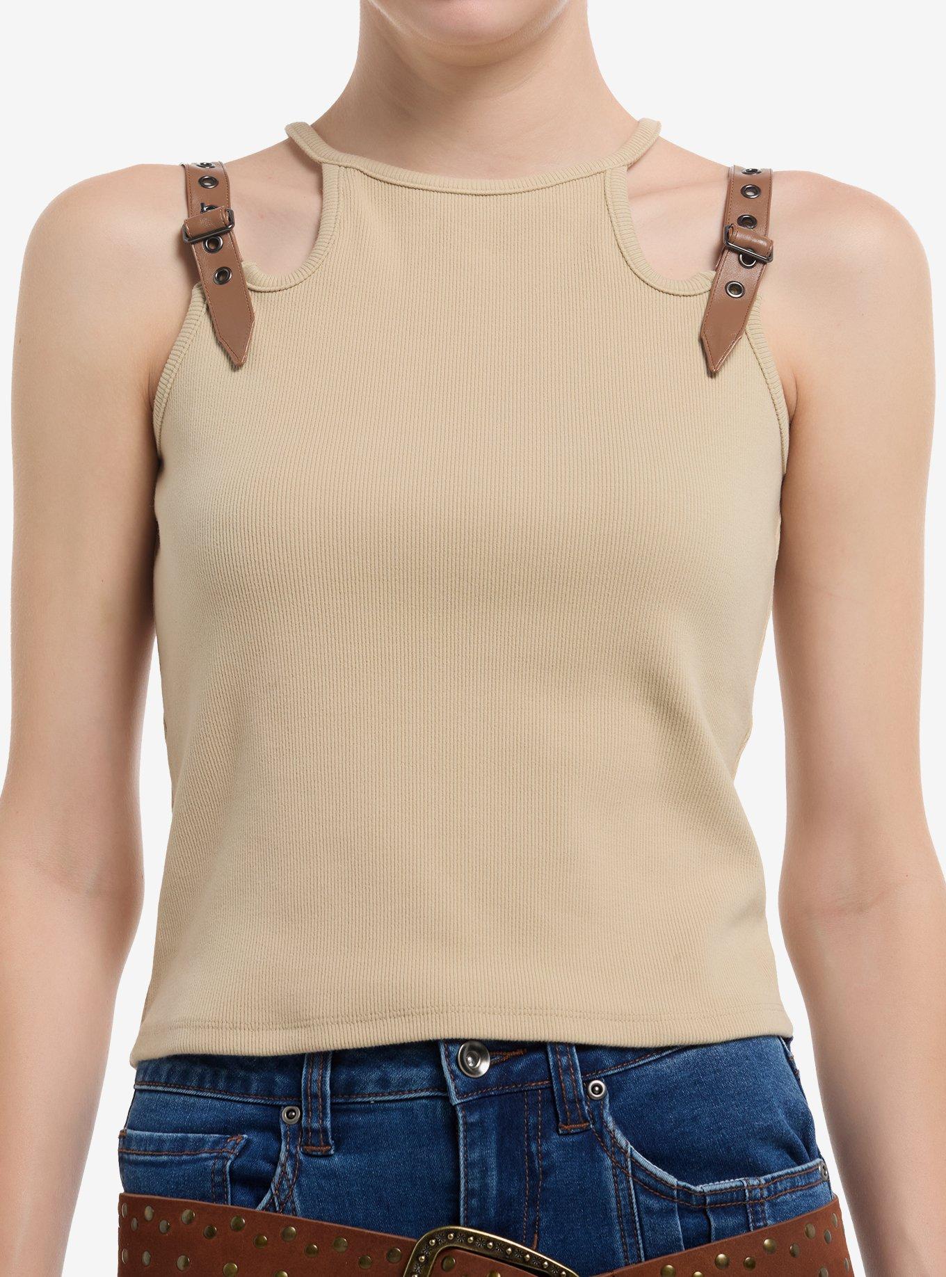 Social Collision Tan Buckle Strap Girls Racerback Cami, , hi-res