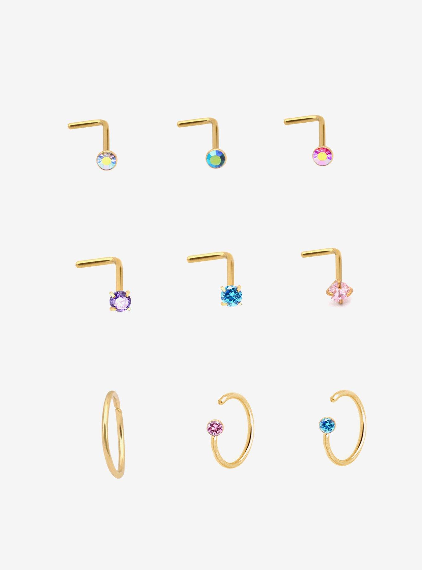 Steel Gold Pink & Blue Gem Nose Stud & Hoop 9 Pack, , hi-res