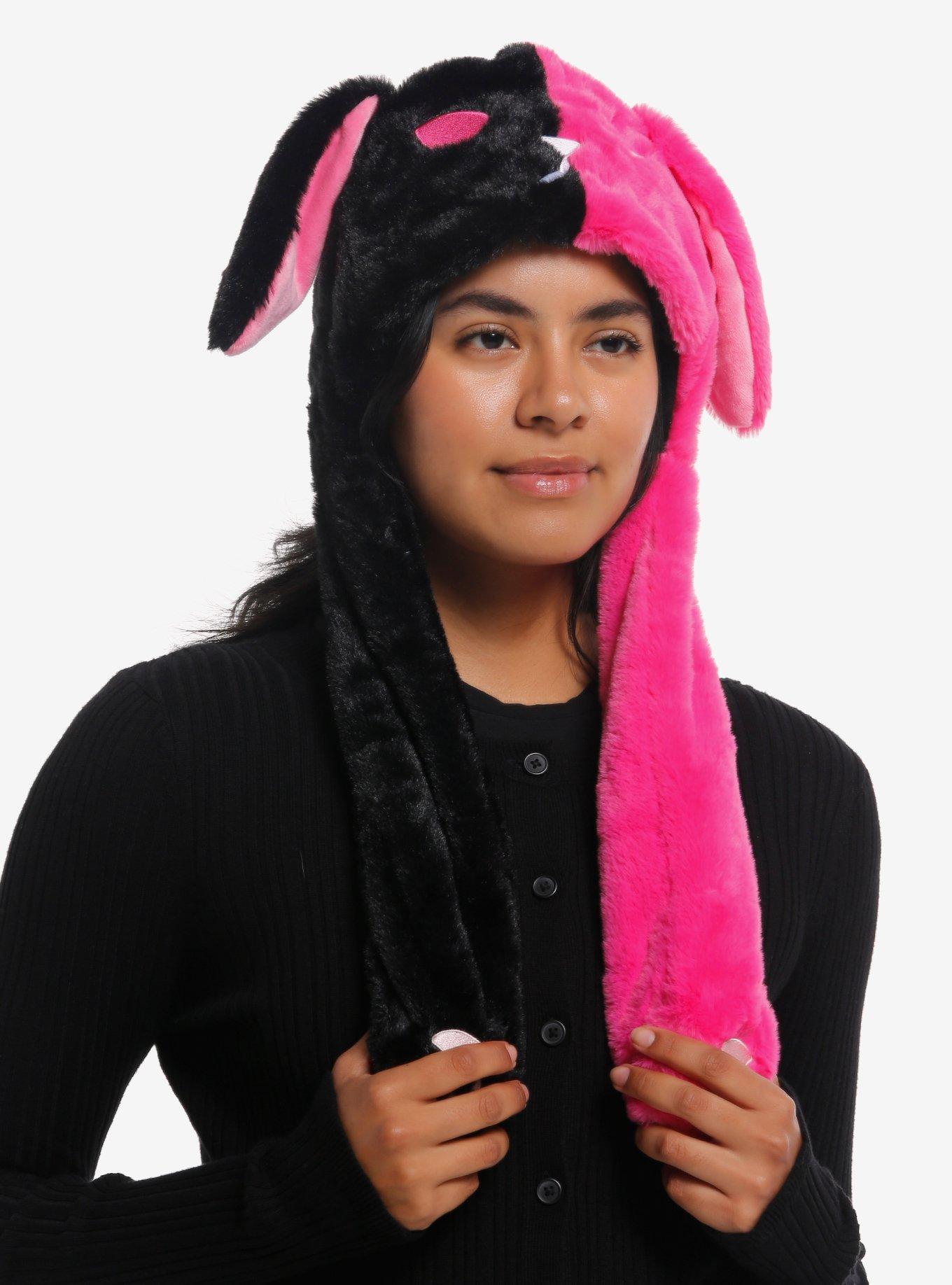 Black & Pink Split Bunny Tassel Beanie With Moveable Ears | Hot Topic