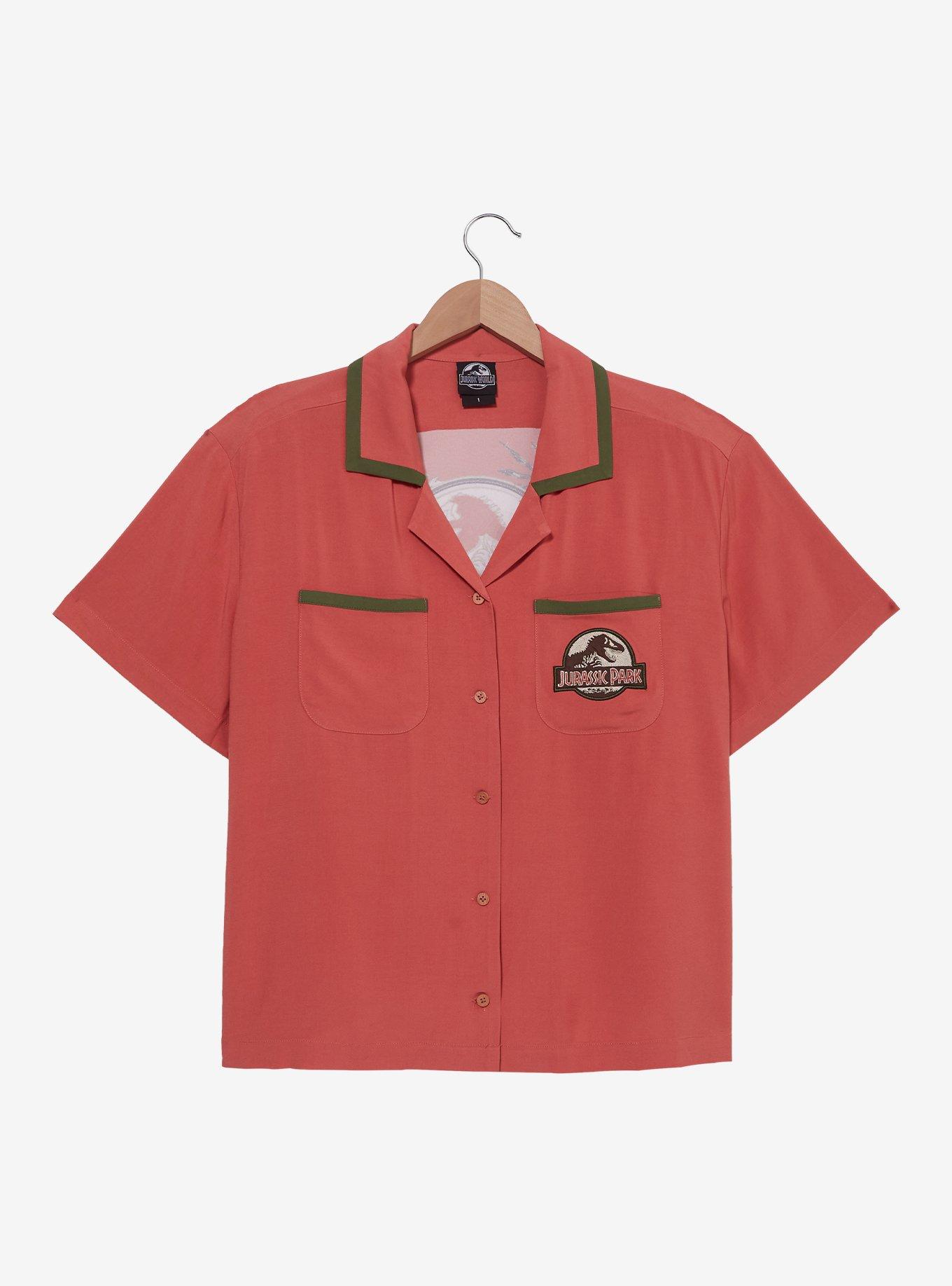 Jurassic Park Floral Logo Women's Plus Size Slightly Cropped Woven Button-Up - BoxLunch Exclusive, , hi-res