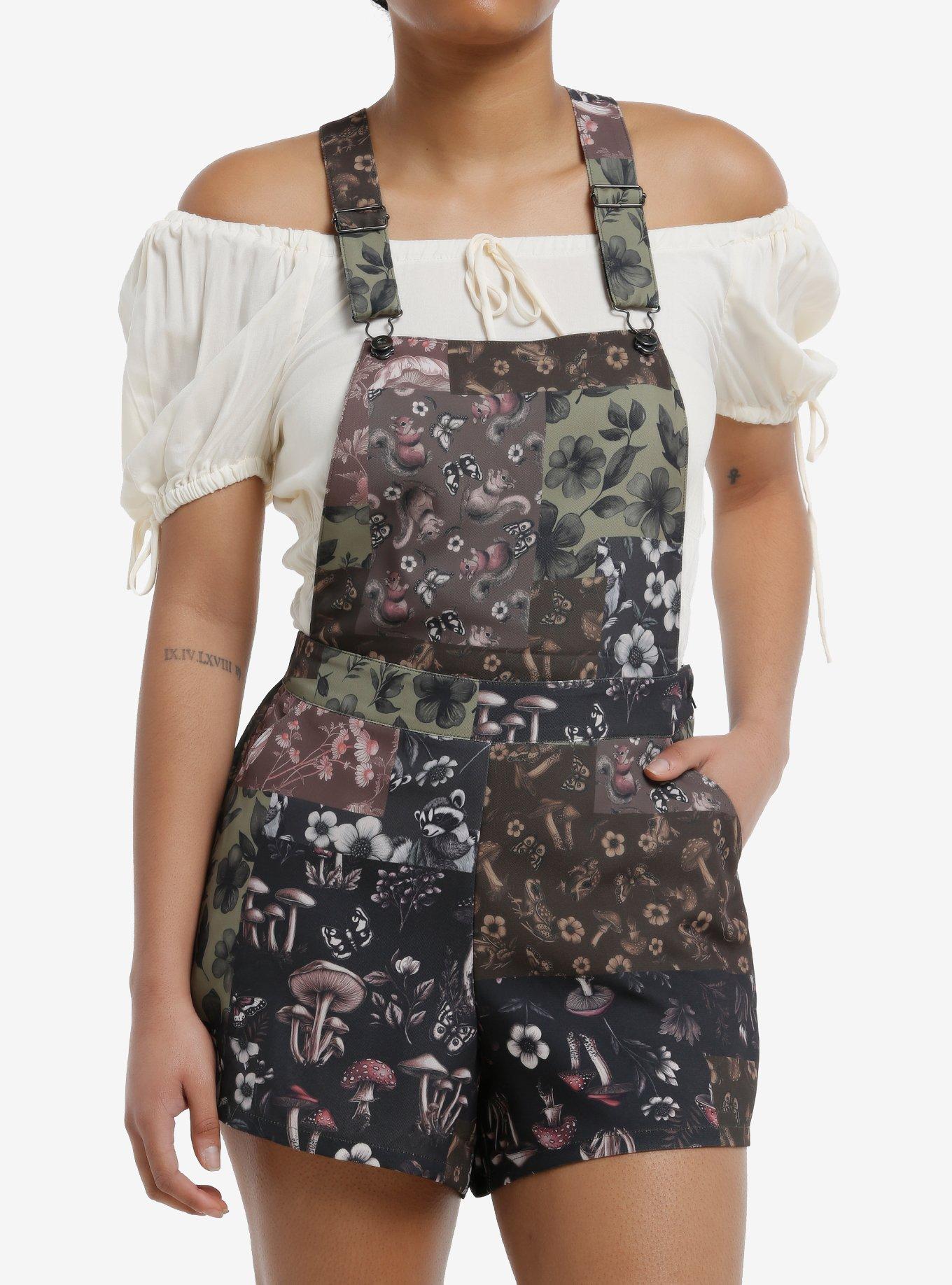 Thorn & Fable Mushroom Floral Patchwork Shortalls, , hi-res