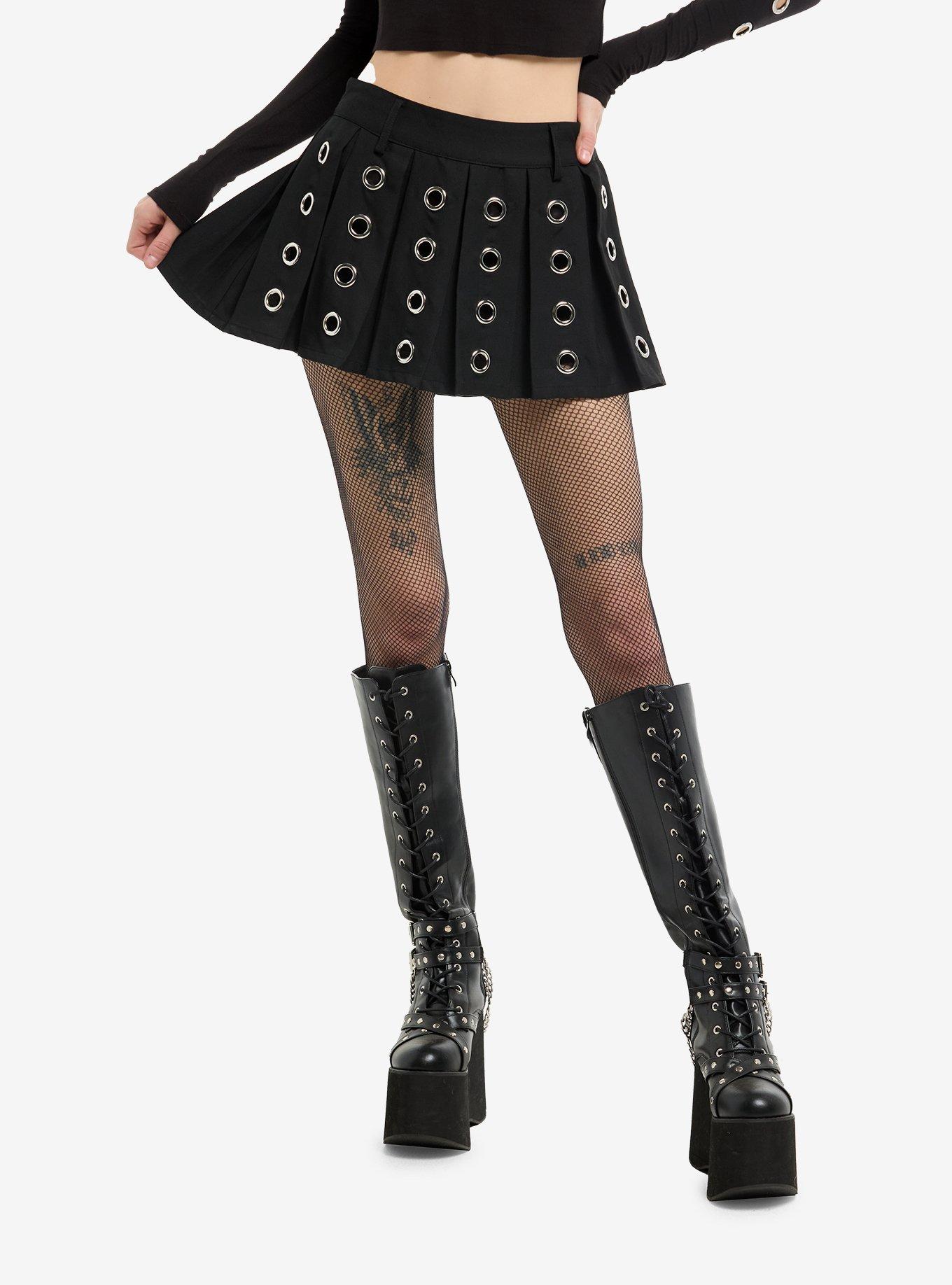 Black Grommet Pleated Mini Skort, , hi-res