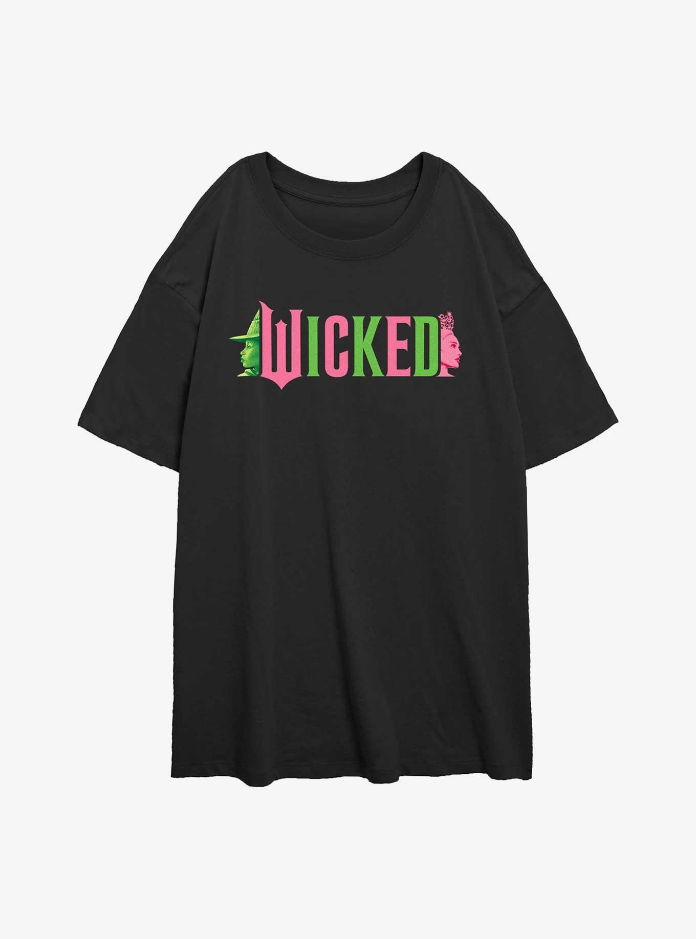 Wicked Elphaba and Glinda Silhouettes Logo Womens Oversized T-Shirt, BLACK, hi-res