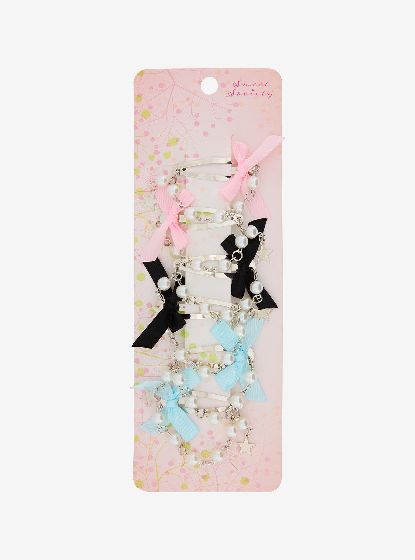 Sweet Society Bow Pearl Chain Hair Clip Set, , hi-res
