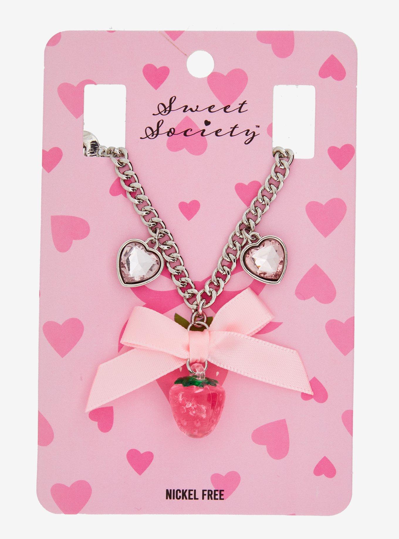 Sweet Society Pink Strawberry Bow Heart Gem Charm Necklace, , hi-res