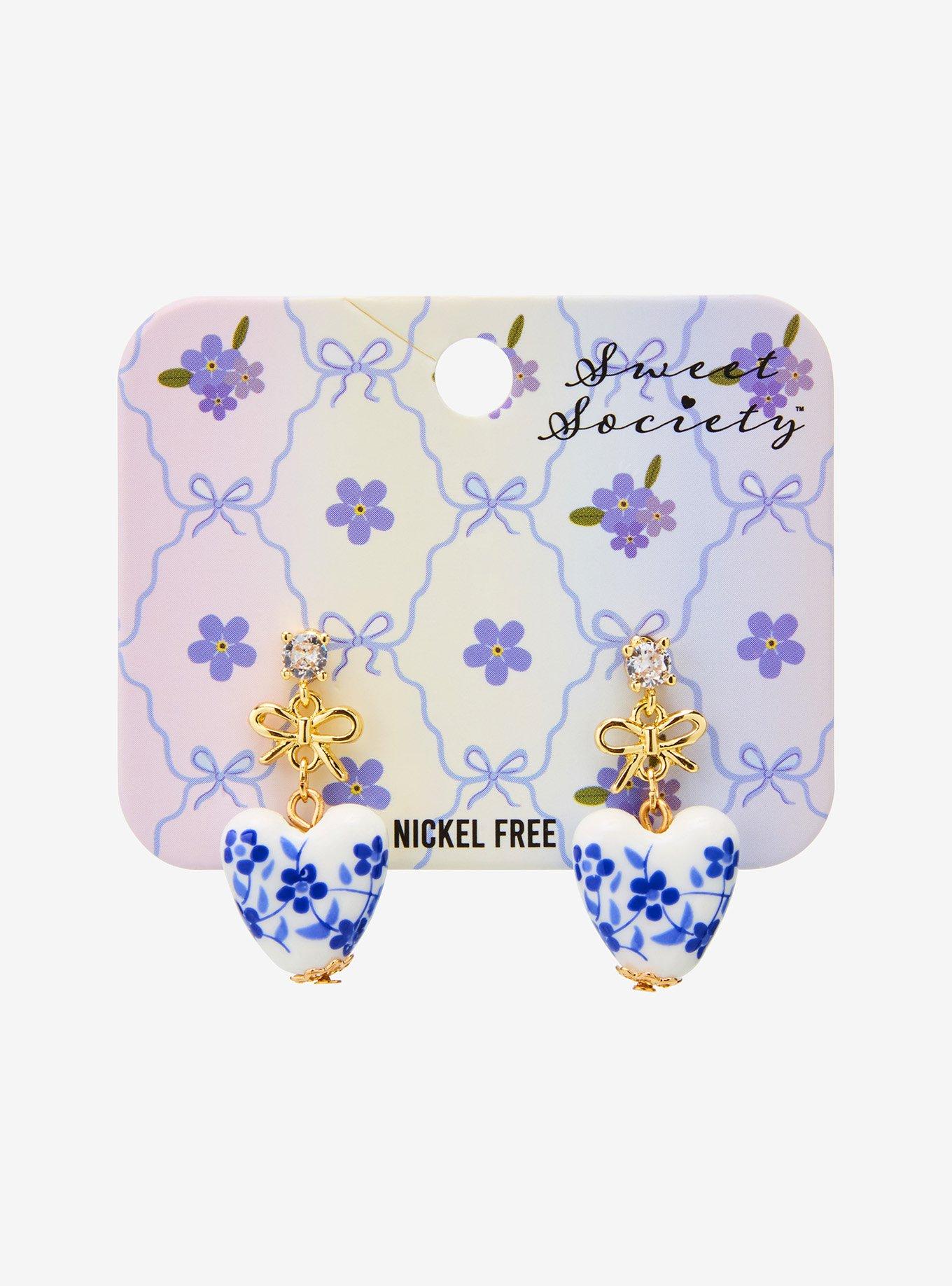 Sweet Society White & Blue Floral Heart Drop Earrings, , hi-res