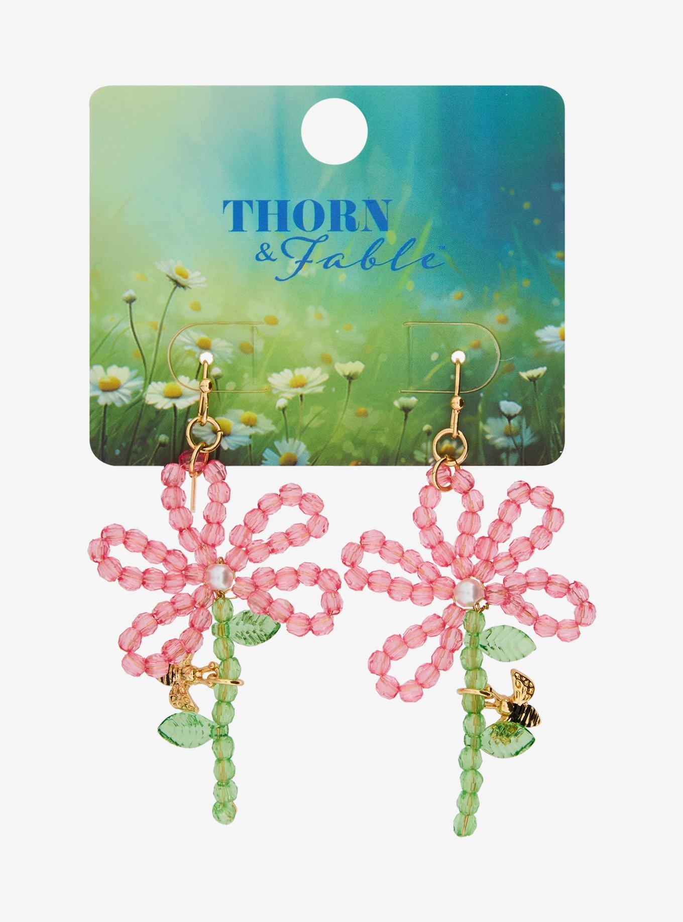 Thorn & Fable Pink Flower Bee Bead Drop Earrings, , hi-res