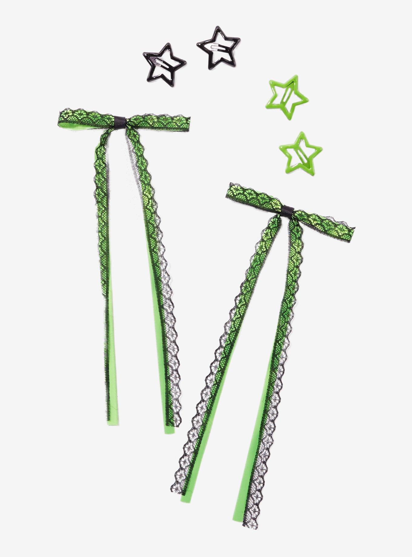 Lime Green Black Star & Lace Bow Hair Clip Set, , hi-res