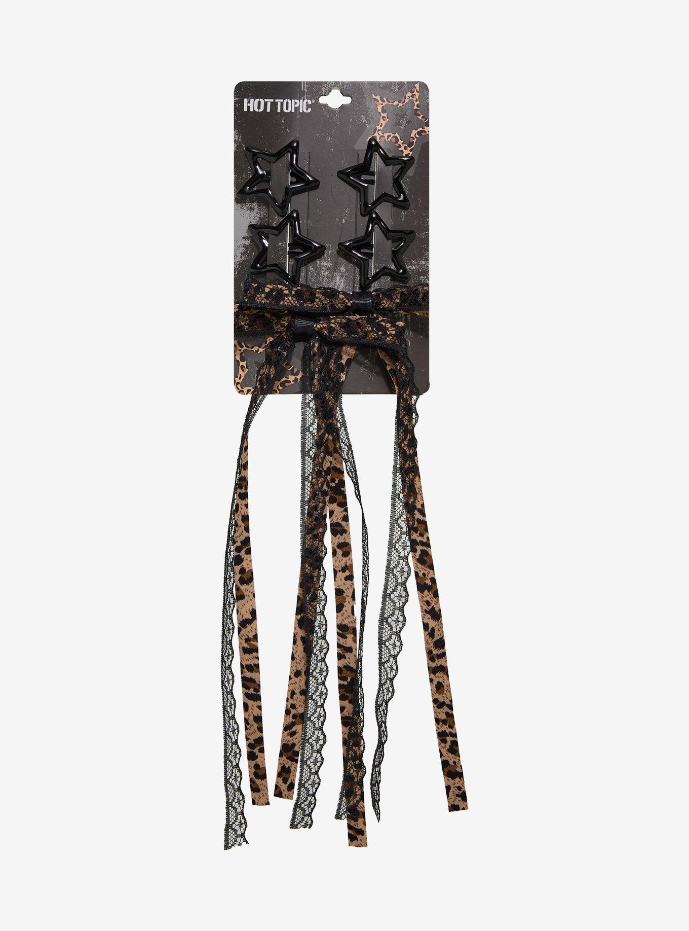 Leopard Bow & Black Star Hair Clip Set, , hi-res