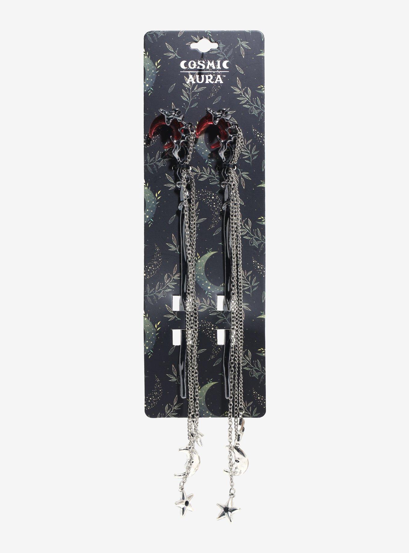 Cosmic Aura Wrapped Red Crescent Moon Chain Hair Sticks, , hi-res
