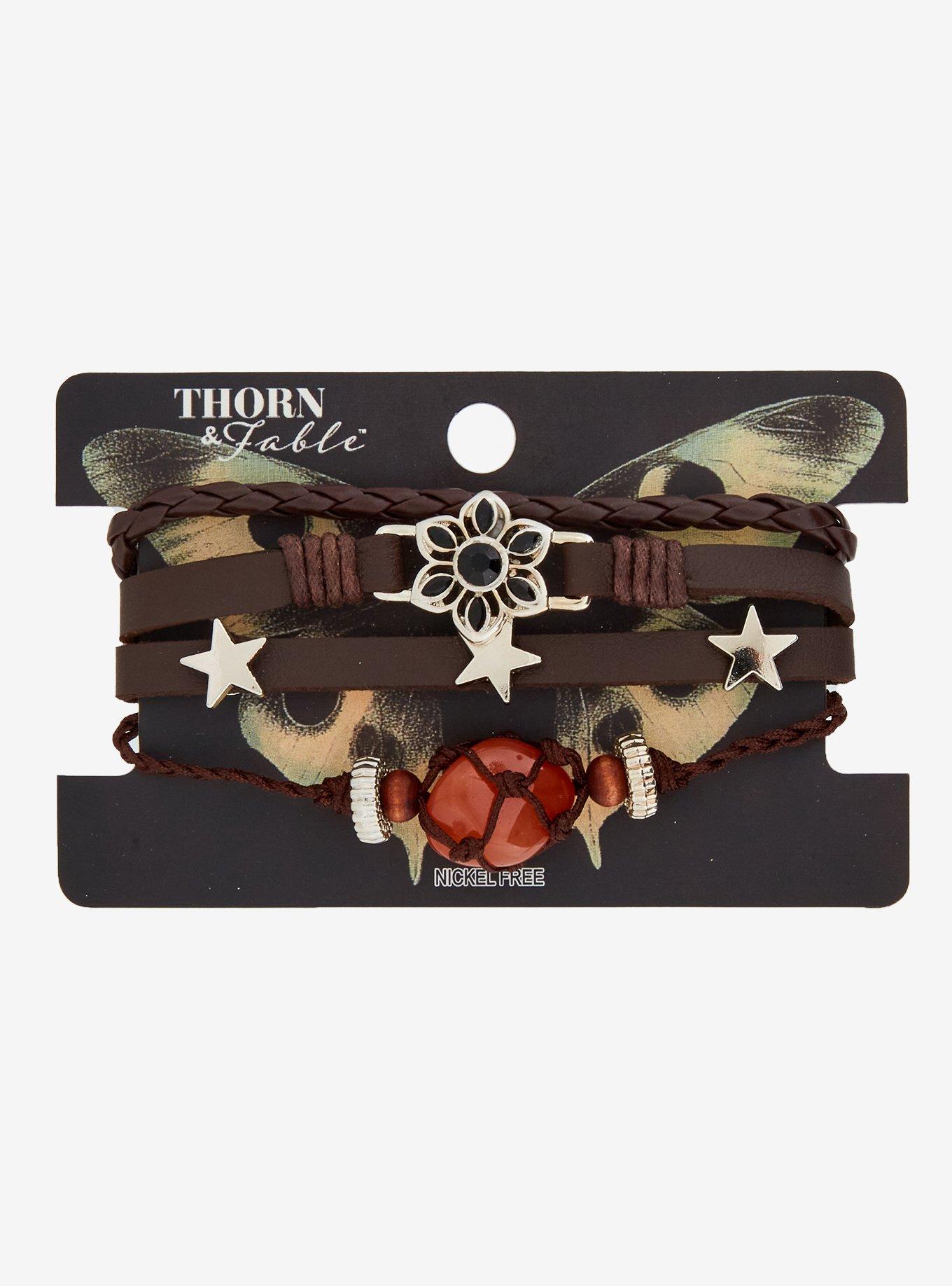 Thorn & Fable Faux Leather Flower Stone Layered Bracelet, , hi-res