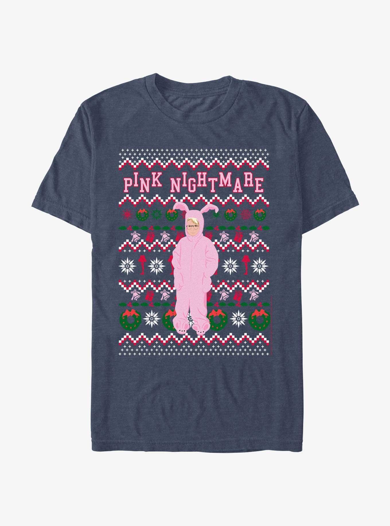 A Christmas Story Pink Bunny Nightmare Ugly Sweater T-Shirt, NAVY HTR, hi-res